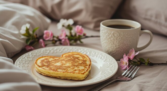 Heart-shaped pancake with coffee in cozy bedroom