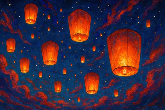 Orange lanterns floating in starry night sky