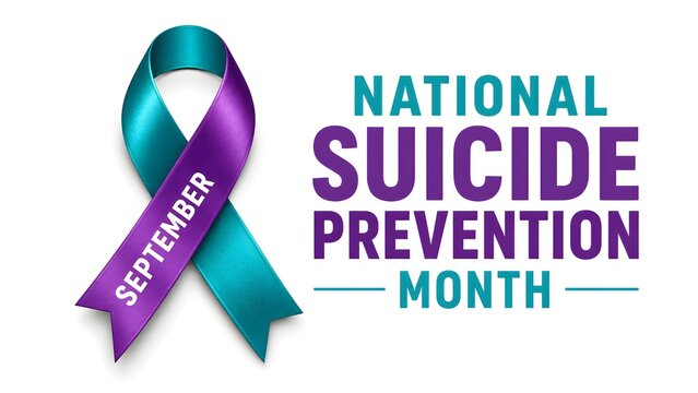National Suicide Prevention Month banner, teal and purple awareness ribbon on white background, September mental health campaign graphic
