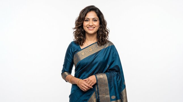 Smiling Indian woman with wavy brown hair wearing an elegant teal blue saree with gold borders, posed against a solid white background