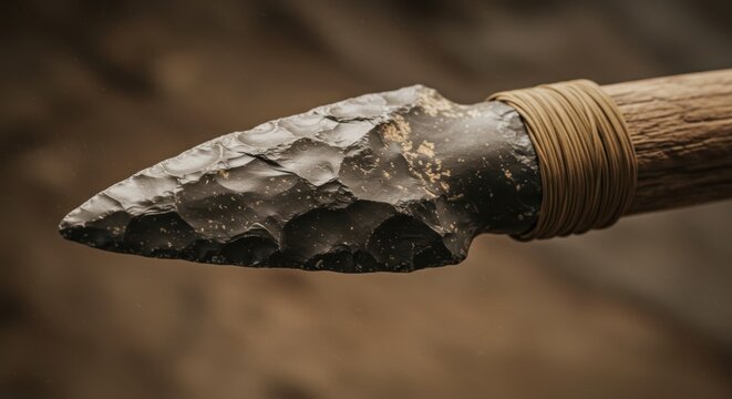Ancient stone spearhead with wooden handle