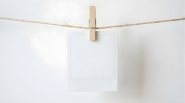 Blank white square photo frame hanging on twine with wooden clothespin