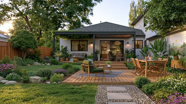 Beautiful modern backyard patio with outdoor dining and lounge area at sunset