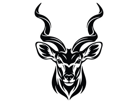 Kudu antelope head vector illustration, majestic spiral horn animal portrait, black and white wildlife mascot for hunting and safari branding