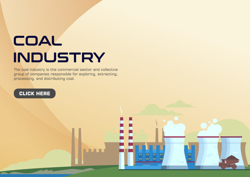 Modern coal industry banner background for fossil fuel energy business. Heavy mining excavator machinery, mineral power plant plant extraction, and industrial cargo vector illustration.