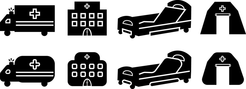 Hospital and Emergency Icons Set with Solid, Rounded and Sharp Corner Variations