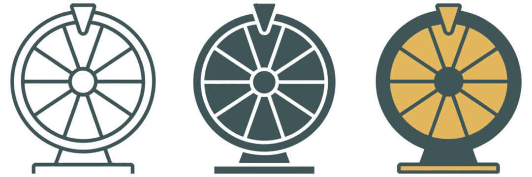 Lucky wheel prize draw icons featuring fortune spinner, giveaway, lottery, reward, winning, chance, game and competition symbols