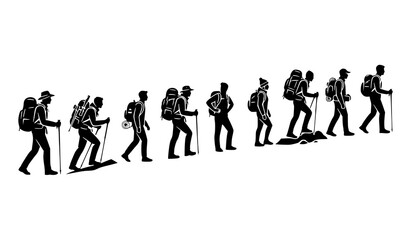 Fototapeta premium Backpacker Hiking Group Black Vector Silhouettes, Trekking Adventure Icons