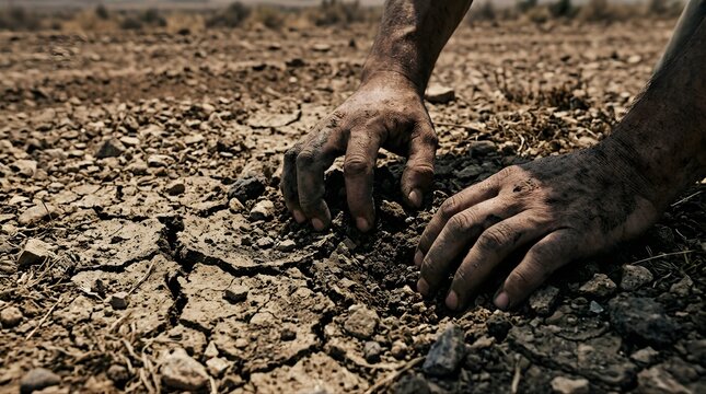 Dirty hands touching cracked dry earth during a severe drought in nature