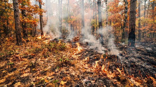 Incendio forestal que avanza lentamente consumiendo la hojarasca seca y el suelo del bosque entre humo y llamas.