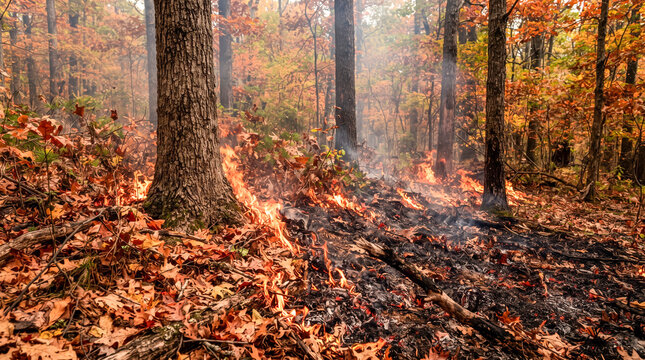 Incendio forestal que avanza lentamente consumiendo la hojarasca seca y el suelo del bosque entre humo y llamas.