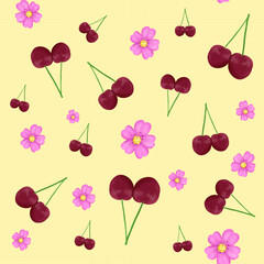 Seamless Cherry and Pink Blossom Pattern on Yellow Background © Nazwa