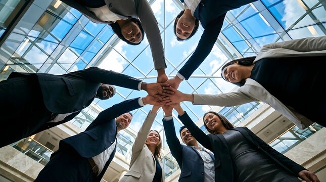 Diverse business team stacking hands together in a modern glass office