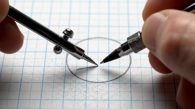 Macro closeup of hands using drafting compass and pencil to draw precise geometric circle on blue grid paper