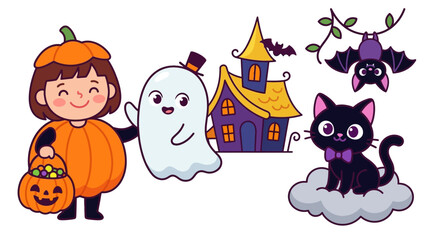 Fototapeta premium Cute Halloween Characters and Symbols Vector Illustration