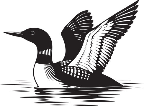 loon bird silhouette landing on water with wings spread vector illustration