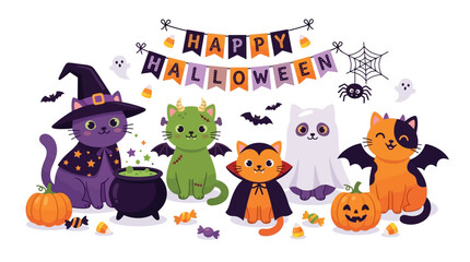 Naklejka premium Cute Halloween Cats in Costumes with Decorations