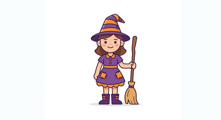 Fototapeta premium Cute Witch Girl with Broomstick, Halloween Illustration