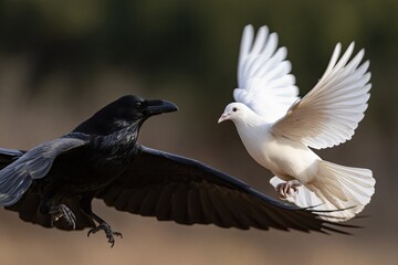 Naklejka premium Symbolic juxtaposition of a dark raven and a white dove in flight, representing contrast and duality