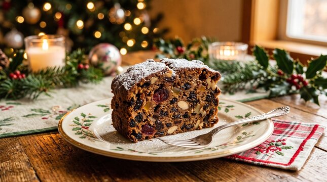 Slice of rich fruitcake dusted with powdered sugar on a festive Christmas table setting