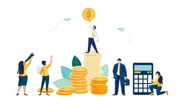 Financial presentation. Girl with dollar penny on stack of gold coins. Calculations on calculator of business income. People, wealth, Workers, businessman discuss finances. Vector illustrations
