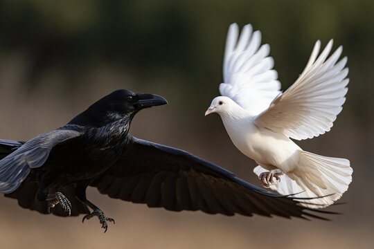 Symbolic juxtaposition of a dark raven and a white dove in flight, representing contrast and duality
