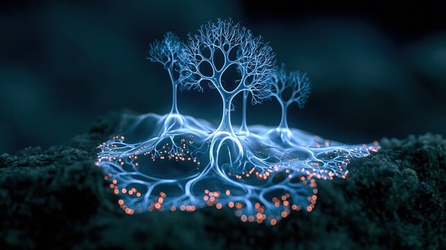 Abstract glowing neural network structure with intricate branching connections resembling trees