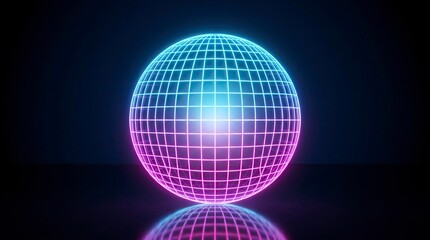 Obraz premium Glowing neon grid sphere with blue and purple light on a dark reflective background.