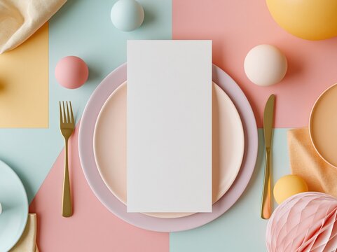 Flat lay of pastel Easter table setting with blank menu card, decorated eggs, and festive elements