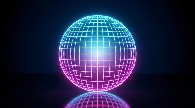 Glowing neon grid sphere with blue and purple light on a dark reflective background.