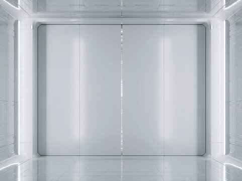 Futuristic sterile white room with large double doors and ambient lighting