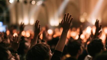 Naklejka premium Excited Crowd with Hands Raised in Worship at a Brightly Lit Concert or Event