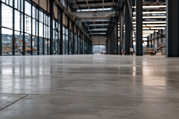 Fototapeta premium Vast, Empty Industrial Warehouse Interior with Polished Concrete Floor and Large Windows