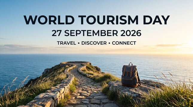 World tourism day conceptual design featuring backpack on stone cliff path overlooking ocean travel backpack hiking path adventure travel explore world discover connect
