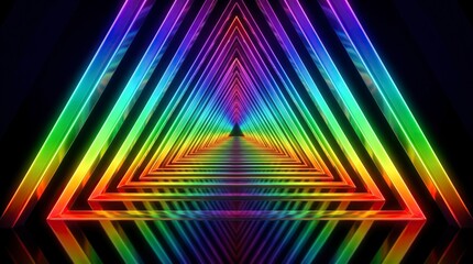 Fototapeta premium Abstract rainbow triangle tunnel with neon glowing light effects and perspective depth.