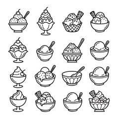 Fototapeta premium Collection of minimalist line art ice cream desserts in bowls and cups with cherries and wafers