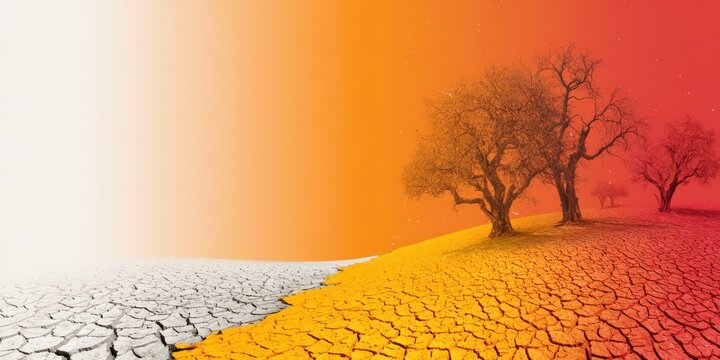 Abstract landscape showing dry cracked earth and leafless trees against vibrant backdrop