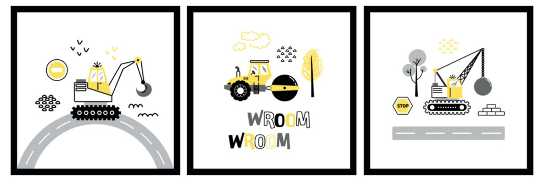 Kids construction poster set with construction vehicles including crane road roller and wrecking machine with road signs bricks trees and playful work zone elements