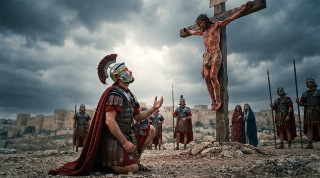 Un centuri&oacute;n romano se arrodilla con devoci&oacute;n ante Jesucristo crucificado en el monte G&oacute;lgota bajo un cielo tormentoso.