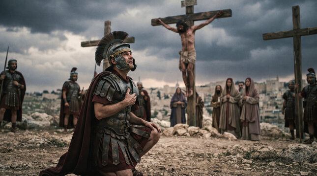 Un centuri&oacute;n romano se arrodilla con devoci&oacute;n ante Jesucristo crucificado en el monte G&oacute;lgota bajo un cielo tormentoso.