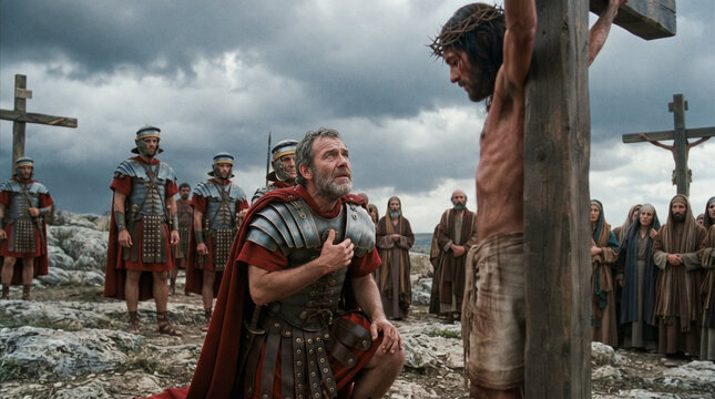 Un centuri&oacute;n romano se arrodilla con devoci&oacute;n ante Jesucristo crucificado en el monte G&oacute;lgota bajo un cielo tormentoso.
