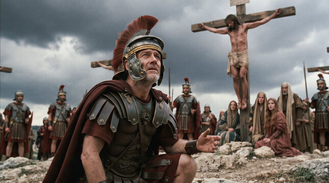 Un centuri&oacute;n romano se arrodilla con devoci&oacute;n ante Jesucristo crucificado en el monte G&oacute;lgota bajo un cielo tormentoso.
