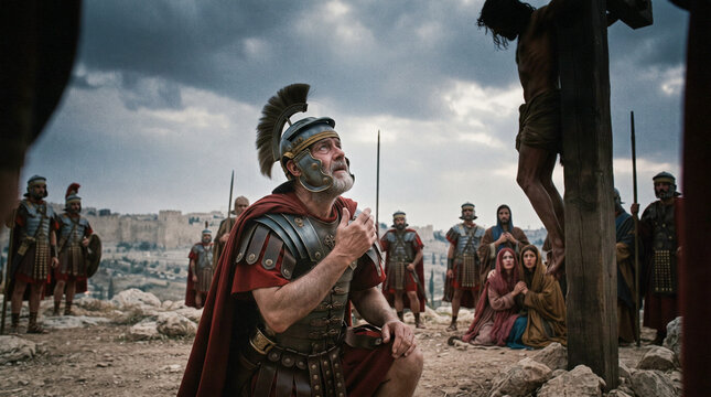 Un centuri&oacute;n romano se arrodilla con devoci&oacute;n ante Jesucristo crucificado en el monte G&oacute;lgota bajo un cielo tormentoso.