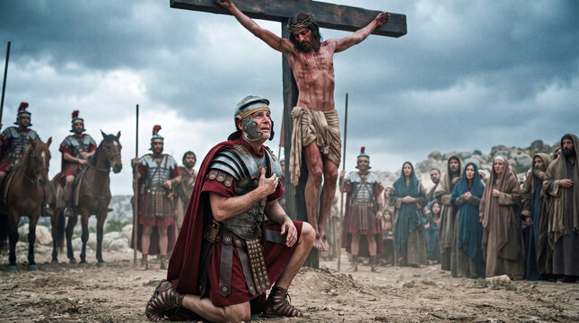 Un centuri&oacute;n romano se arrodilla con devoci&oacute;n ante Jesucristo crucificado en el monte G&oacute;lgota bajo un cielo tormentoso.