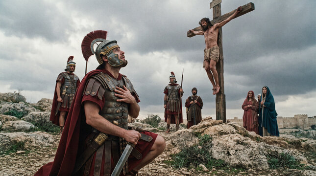 Un centuri&oacute;n romano se arrodilla con devoci&oacute;n ante Jesucristo crucificado en el monte G&oacute;lgota bajo un cielo tormentoso.