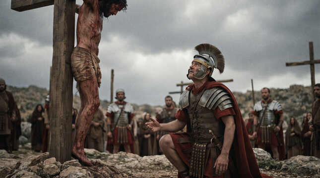 Un centuri&oacute;n romano se arrodilla con devoci&oacute;n ante Jesucristo crucificado en el monte G&oacute;lgota bajo un cielo tormentoso.