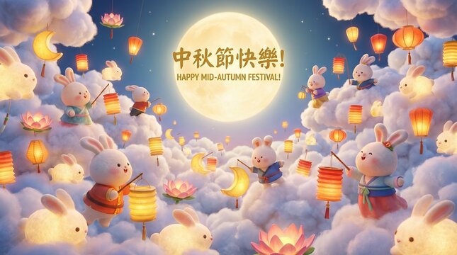 3D style festive background featuring cute rabbits and glowing lanterns among clouds for Mid Autumn Festival celebrations and greetings