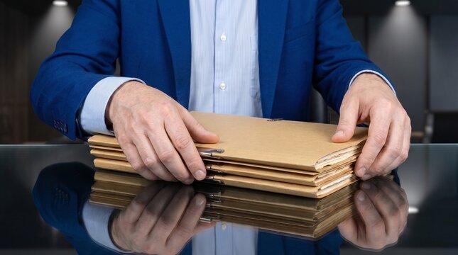 legal document management. businessman organizing stack of case file folders on glass desk. records archiving and paperwork organization concept.

