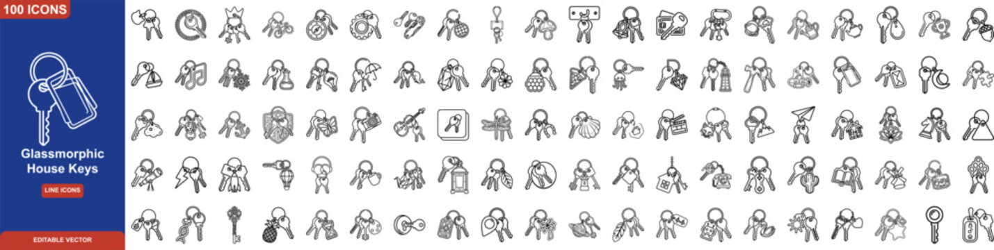 Glassmorphic House Key Line Icon Set. Including Icons for Smart Home, Real Estate Security, Decorative Keychains, and Door Locks