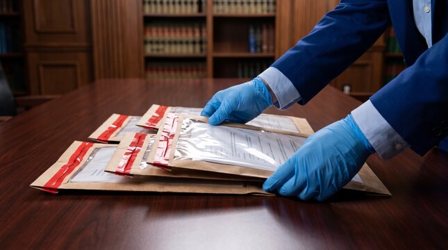 legal evidence handling. gloved investigator organizing tamper evident document envelopes on conference table. chain of custody and forensic investigation concept.